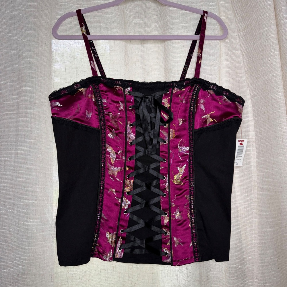 NWT Y2K Tripp NYC Corset Top Butterfly Brocade Lace Up Black Magenta Women XXL